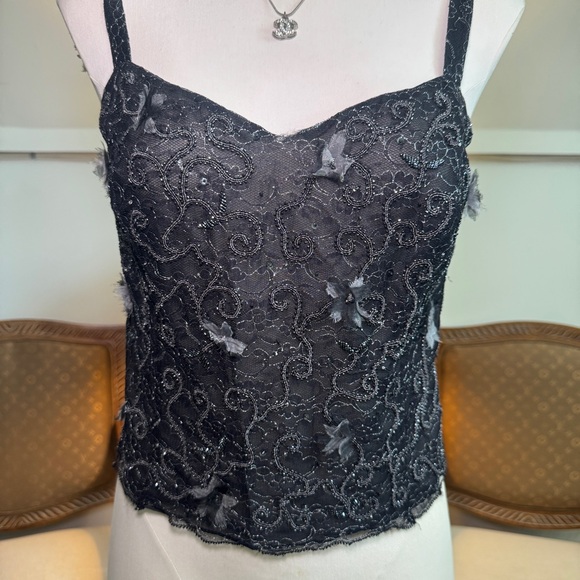 Vintage 90s 00s Black Lace Gothic Fairy Grunge Embellished Cami Tank Top - Picture 2 of 11